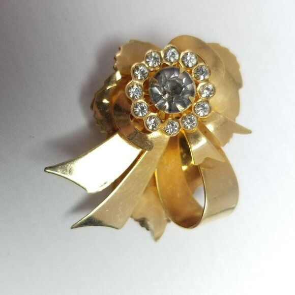 Vintage Gold Tone Rhinestone Brooch, Retro Mid Century Style Design, Estate - Picture 6 of 6